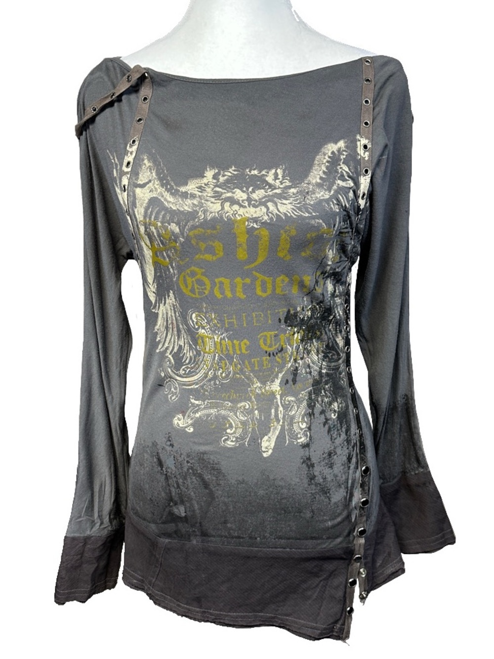 SALVAGE Gray Graphic Long-Sleeve Top with Stud Trim. XS-M